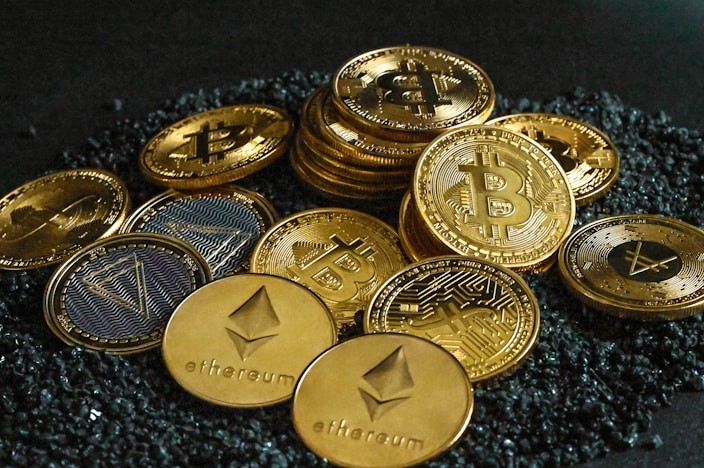 Cryptocurrency coins on a dark background