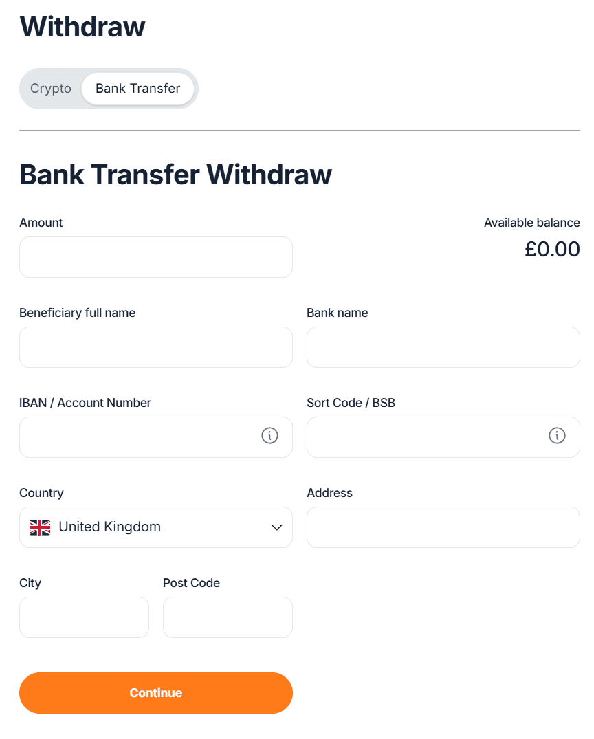 The bank transfer withdrawal form showing amount, available balance, beneficiary and bank details, with a Continue button.