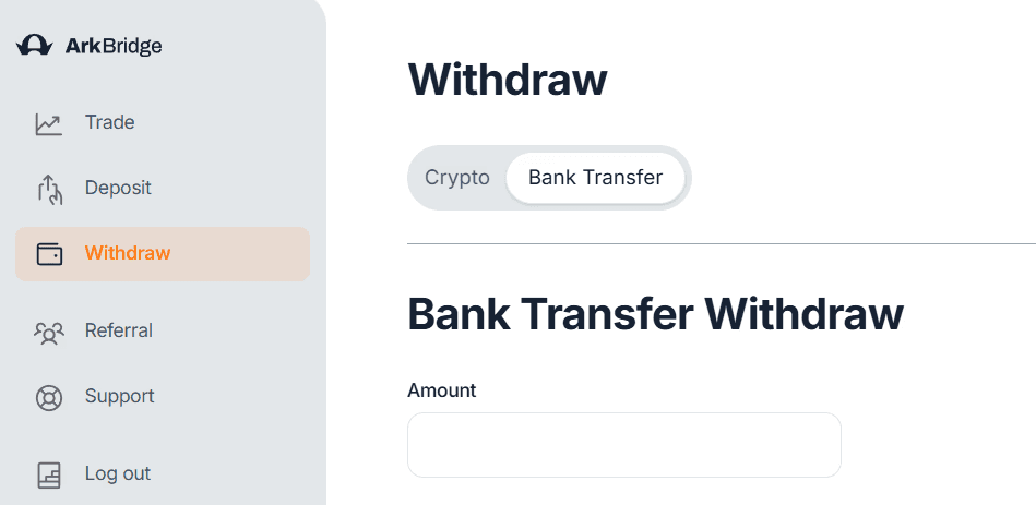 The Withdraw section open in the ark-bridge dashboard, with Withdraw highlighted in the sidebar.